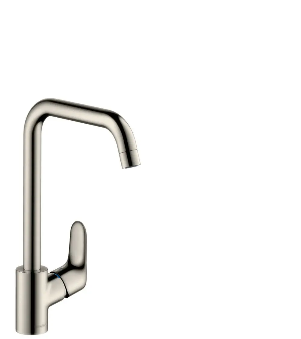 Ein Edelstahl-Küchenmischer mit einem geraden, hohen Auslauf und einem Hebel. Das Design stammt von Hansgrohe und ist modern und funktional.